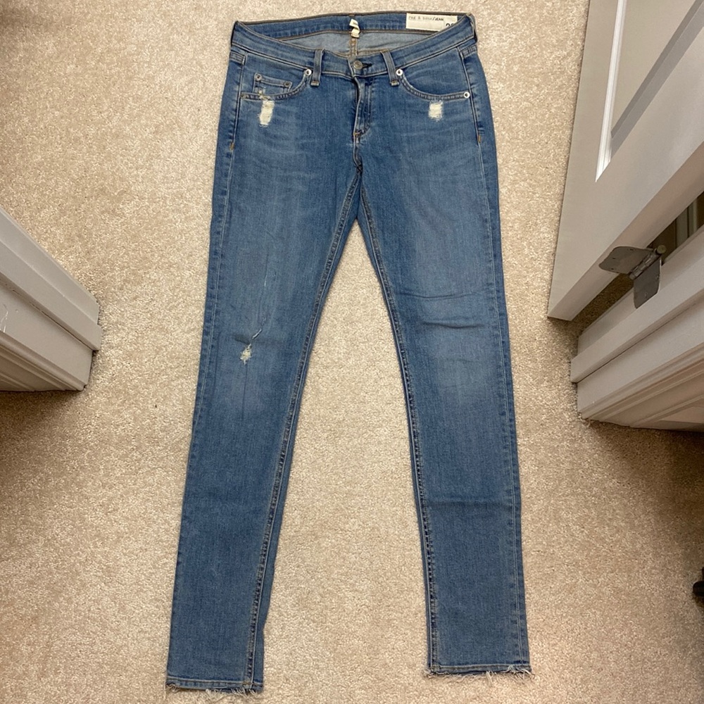 rag and bone blue denim distressed skinny jeans, size 26